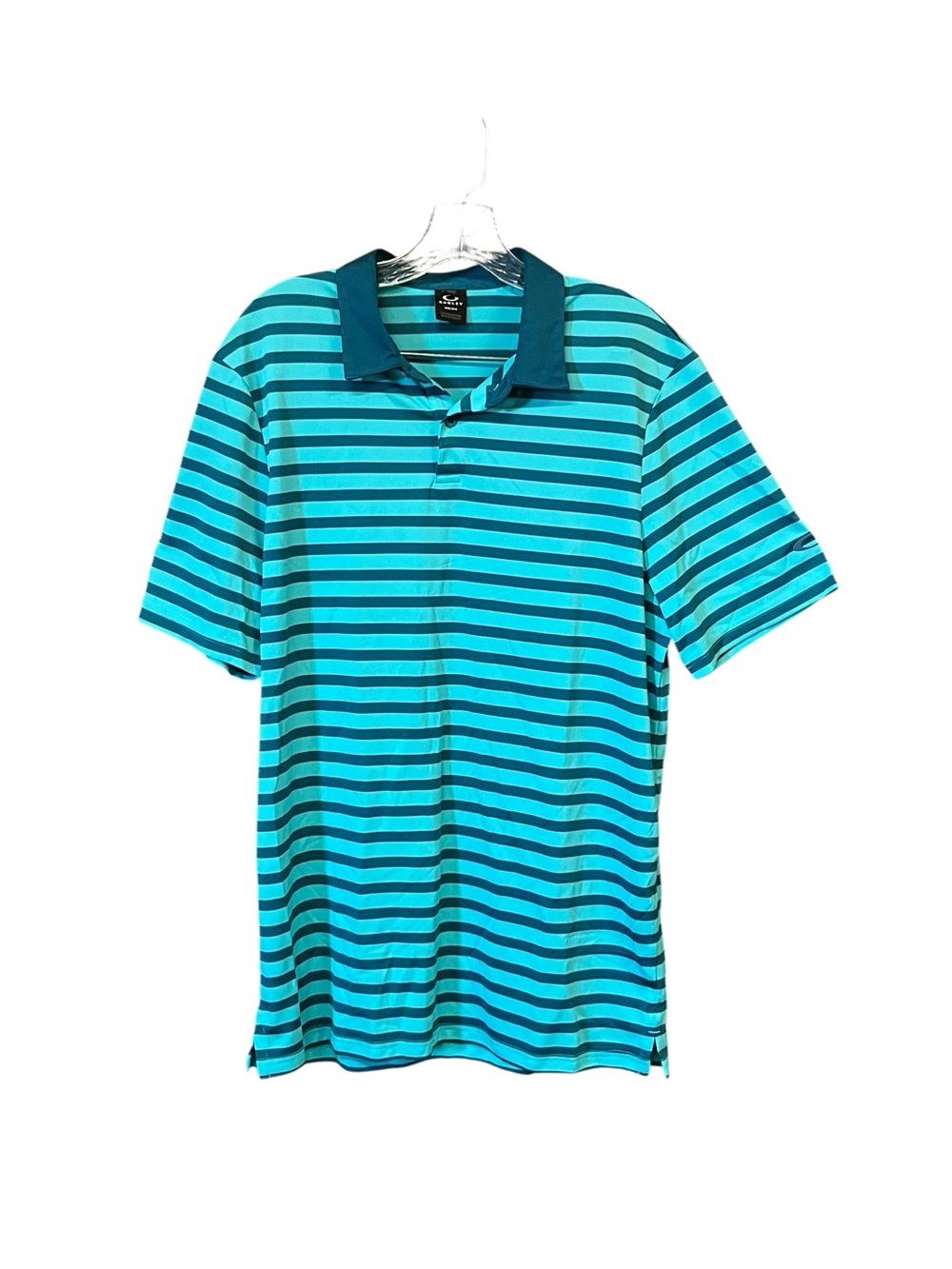 Oakley Golf Polo Shirt Men’s L Blue Aqua Striped Regular Fit Performance